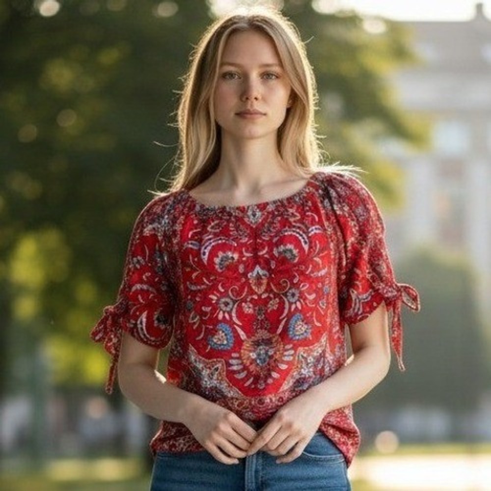 Verse Womens Red Paisley Medallion Square‎ Neck Tie Sleeve Blouse S USA